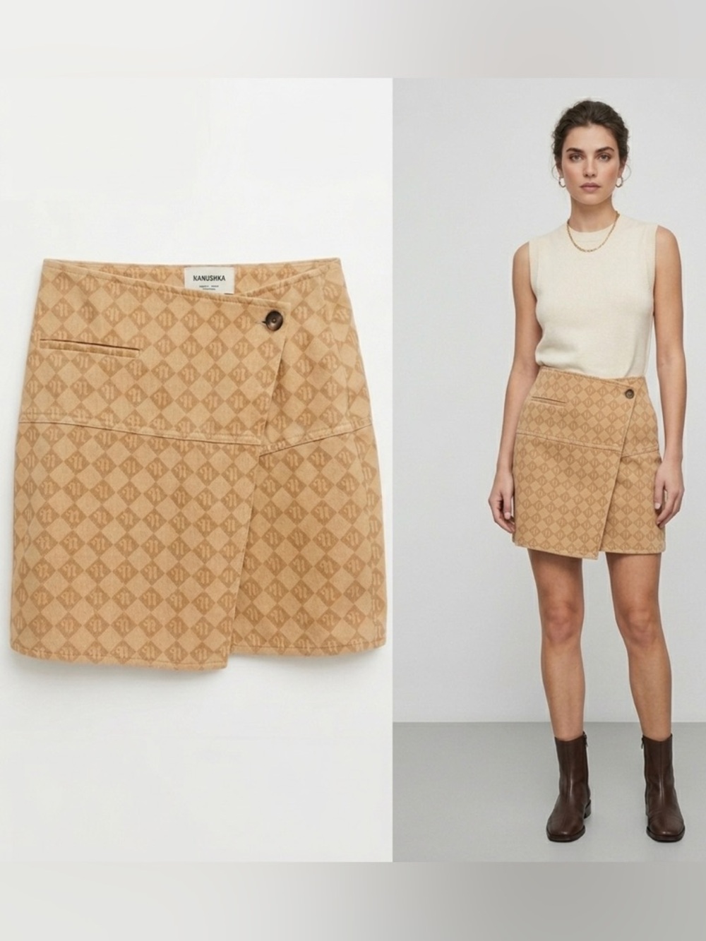 Nanushka Asymmetric Logo-Print Denim Mini Wrap Skirt Sand Monogram Size Small S